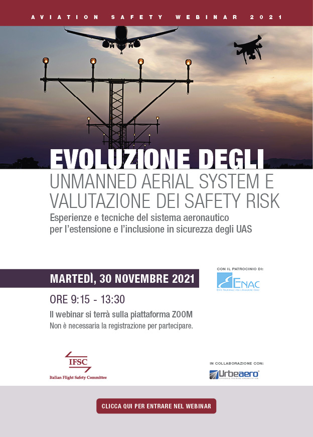 Copertina della brochure relativa al webinar Evoluzione degli Unmanned Aerial System e valutazione dei safety risk 